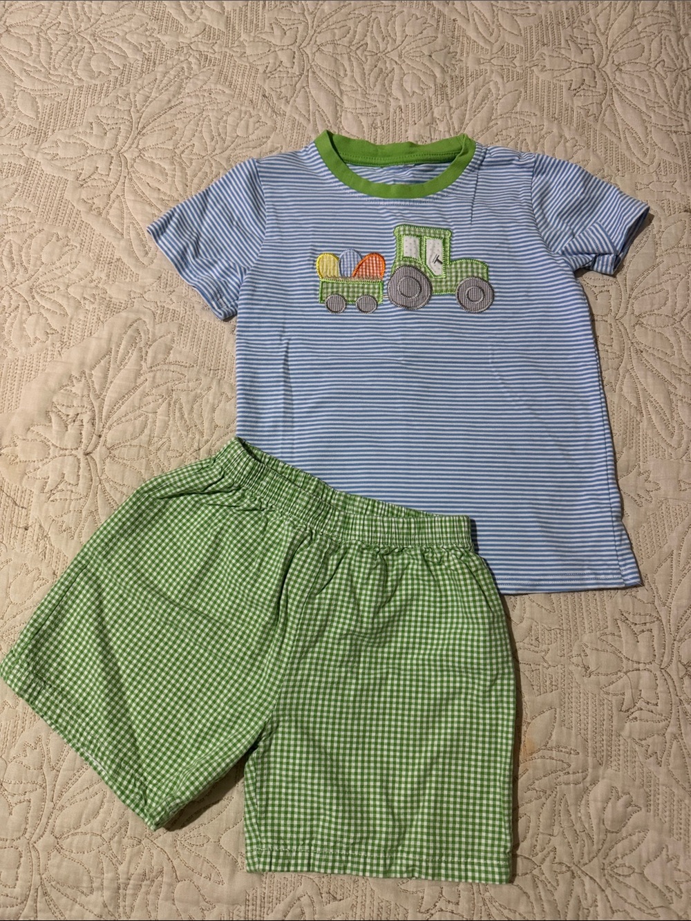 Blue Stripe & Green Gingham Tractor Kids Set